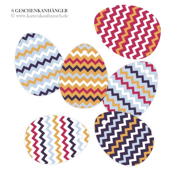 Hänge Etiketten: Geschenkanhänger mit buntem Zickzack Muster aus unserer Oster Papeterie in multicolor