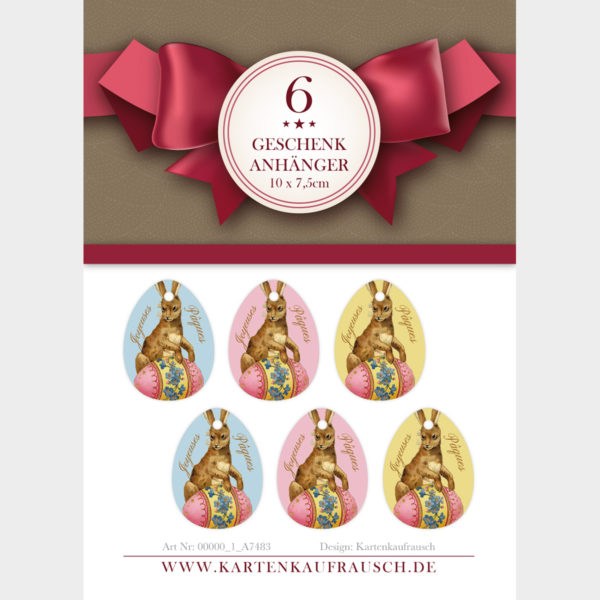 6 süße Vintage Oster Geschenkanhänger in Ei Form 10 x 7,5cm mit Osterhasen"Joyeuses Pâques"