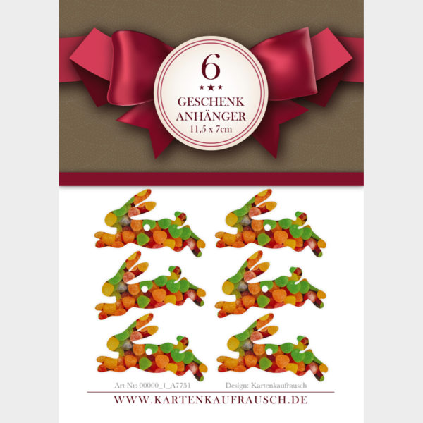 6 leckere Geschenkanhänger mit Süßigkeiten Foto in Hasen Form