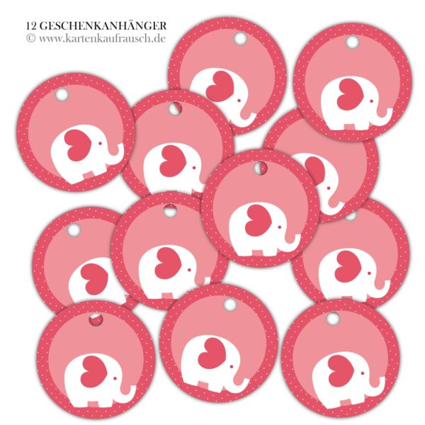 Hänge Etiketten: Geschenkanhänger mit kleinem Elefanten aus unserer Baby Papeterie in rosa