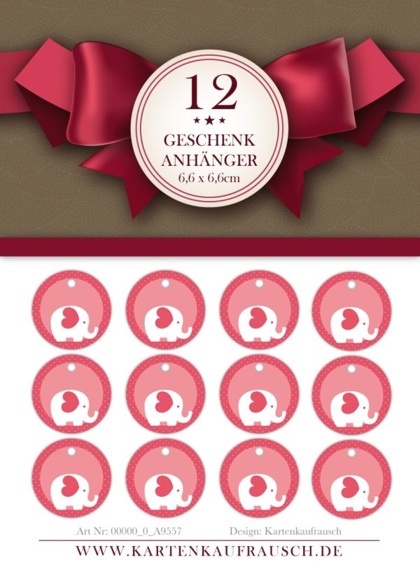 12 herzige rosa, runde Geschenkanhänger mit kleinem Elefanten Format 6,6 x 6,6cm, passt zu Geschenkpapier: 00000_1_G5145