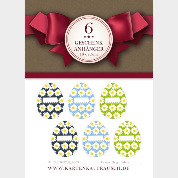 6 ovale Geschenkanhänger in Ei Form mit Margheriten, auch zu Ostern