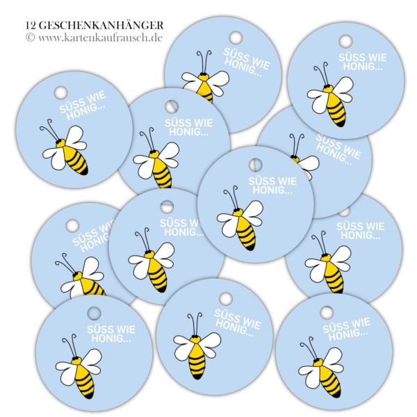 Hänge Etiketten: runde Bienen Geschenkanhänger aus unserer Tier Papeterie in hellblau