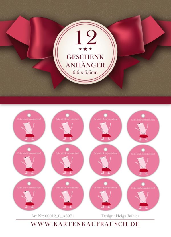 12 runde Baby Geschwister Geschenkanhänger mit Maus auf rosa: Es ist ein Schwesterchen!