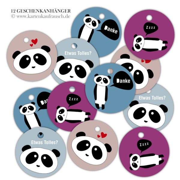 Hänge Etiketten: coole runde Panda Geschenkanhänger aus unserer liebevolle Papeterie in multicolor