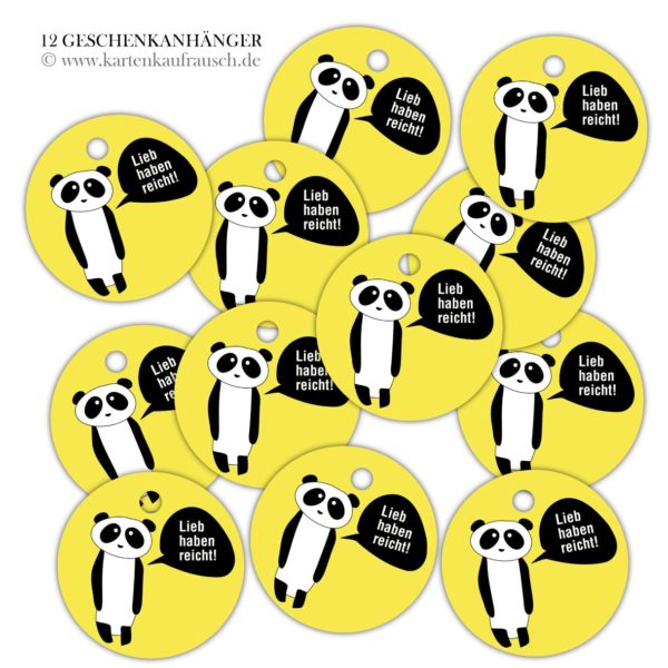 Hänge Etiketten: süße runde Panda Geschenkanhänger aus unserer Tier Papeterie in gelb