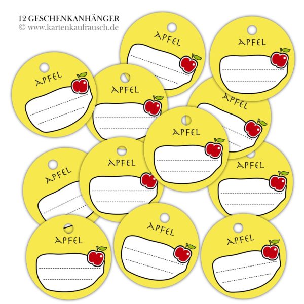 Hänge Etiketten: 12 runde Marmeladen Geschenkanhänger aus unserer Designer Papeterie in gelb