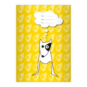 Kartenkaufrausch: Schulheft mit frechem Hund aus unserer Schul Papeterie in gelb