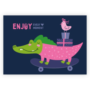 Fröhliche Motto Karte mit Geschenk  auslieferndem Krokodil auf Skateboard 1 nachhaltig produzierte Klappkarte  inklusive Umschlag made in germany von Kartenkaufrausch.de