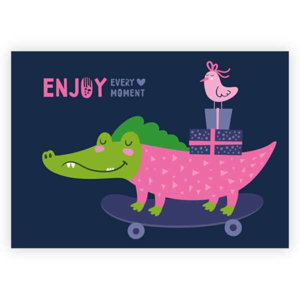 Fröhliche Motto Karte mit Geschenk auslieferndem Krokodil auf Skateboard