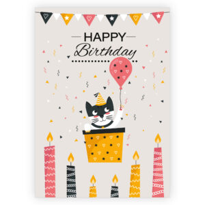 Lustige Katzen Geburtstagskarte mit Kerzen und Ballon