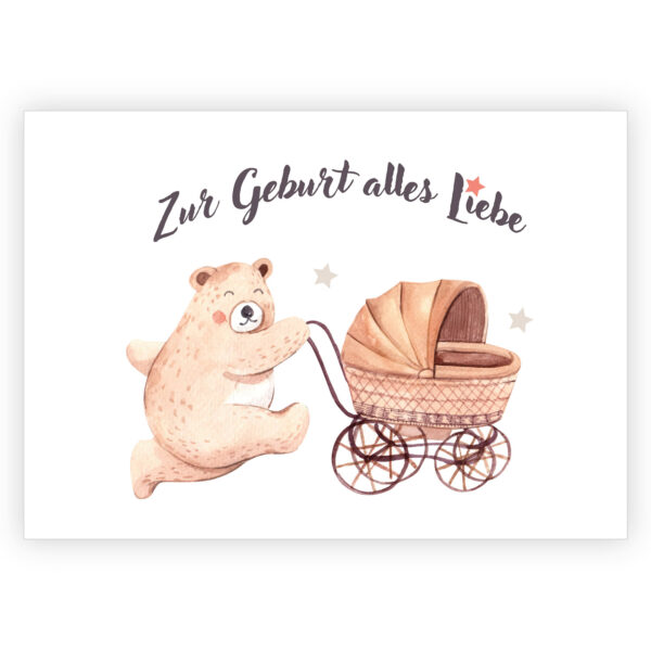 Süße Glückwunschkarte zur Geburt für die Eltern mit Teddy Bär und Kinderwagen
