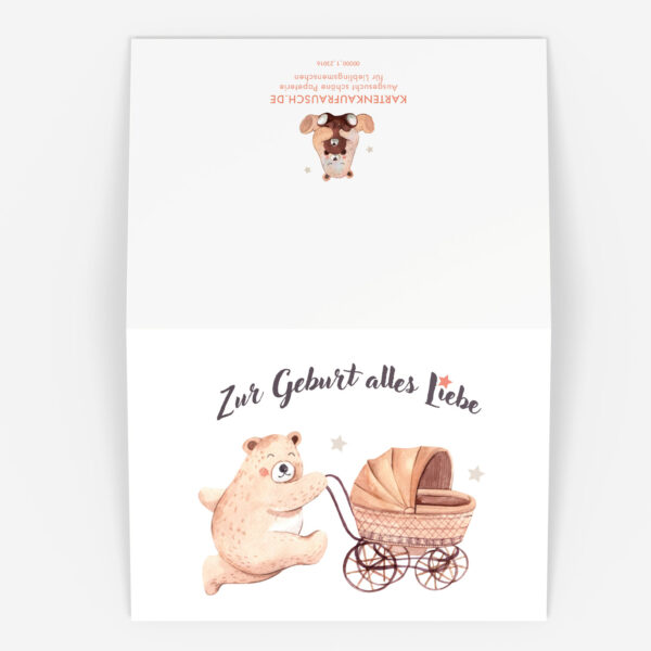 Süße Glückwunschkarte zur Geburt für die Eltern mit Teddy Bär und Kinderwagen