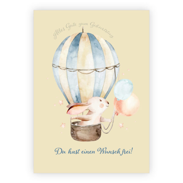 Süße Hasen Geburtstags Grußkarte mit Heißluftballon: Du hast einen Wunsch frei!