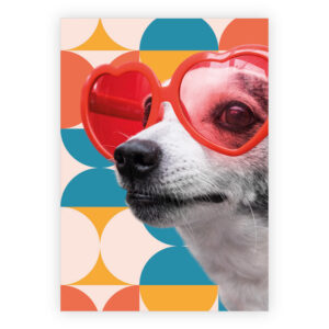 Stylische Hunde Grußkarte im 70s Stil mit Herz Brille - Designer Klappkarten Motiv