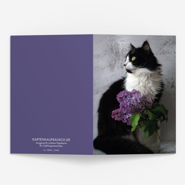 Hochwertige Katzen Grußkarte mit Garten Flieder zum Geburtstag, als Dankeschön