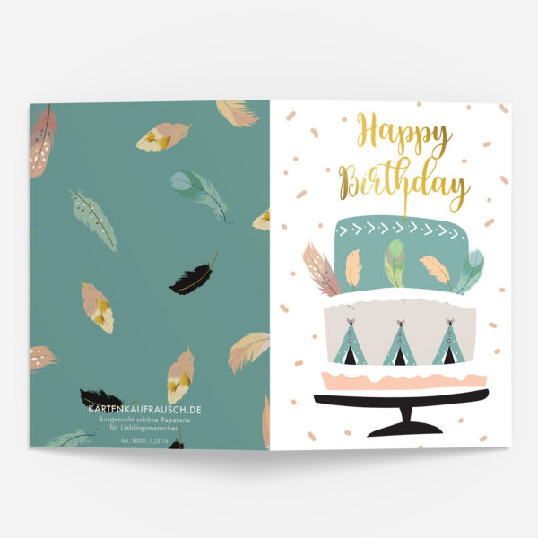 Boho Stil Geburtstagskarte mit Federn und Torte: Happy Birthday