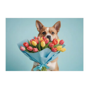 Grußkarte mit lustigem Hund und Tulpen bringt 1 nachhaltige Klapp Grußkarte made in germany von Kartenkaufrausch.de