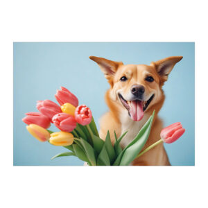 Frühlings Glückwunsch-Karte mit Hund und Tulpen 1 nachhaltige Klapp Grußkarte made in germany von Kartenkaufrausch.de
