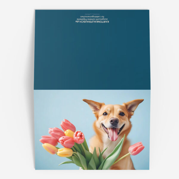 Frühlings Glückwunsch-Karte mit Hund und Tulpen 3 nachhaltige Klapp Grußkarte made in germany von Kartenkaufrausch.de