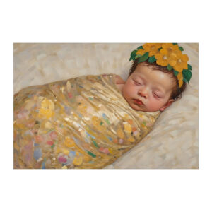 Sonnige Baby Glückwunschkarte zur Geburt mit schlafendem Blüten Baby