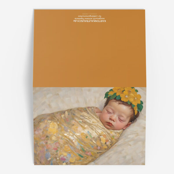 Sonnige Baby Glückwunschkarte zur Geburt mit schlafendem Blüten Baby